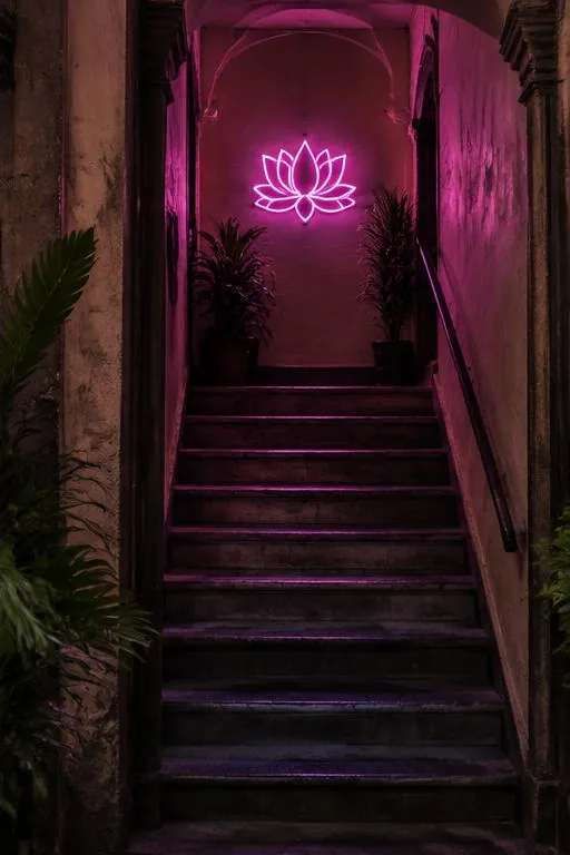 The narrow stairway with a glowing lotus at the top