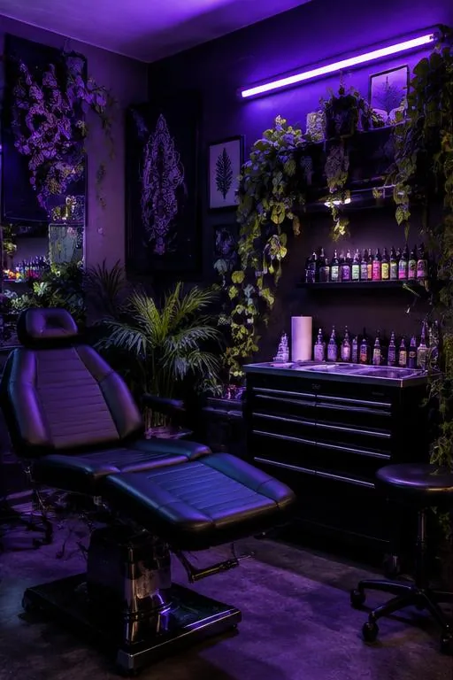 The tattoo station under purple blacklight, surrounded by plants